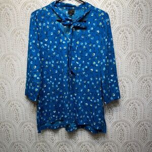 Worthington Women's Blue Floral Tie Neck Blouse 3/4 Sleeve Top Large